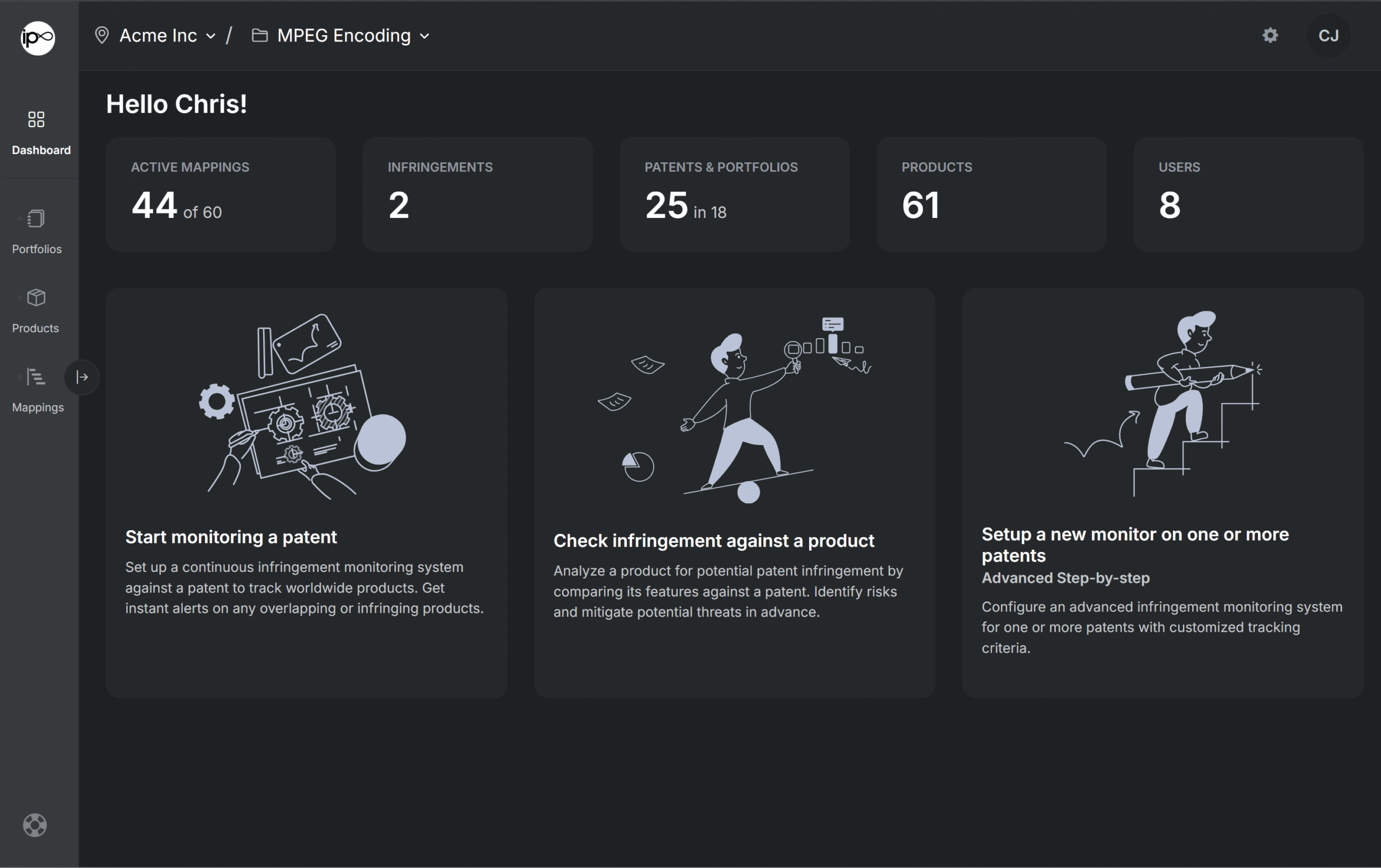 IP8 - IP8.ai patent infringement detection dashboard